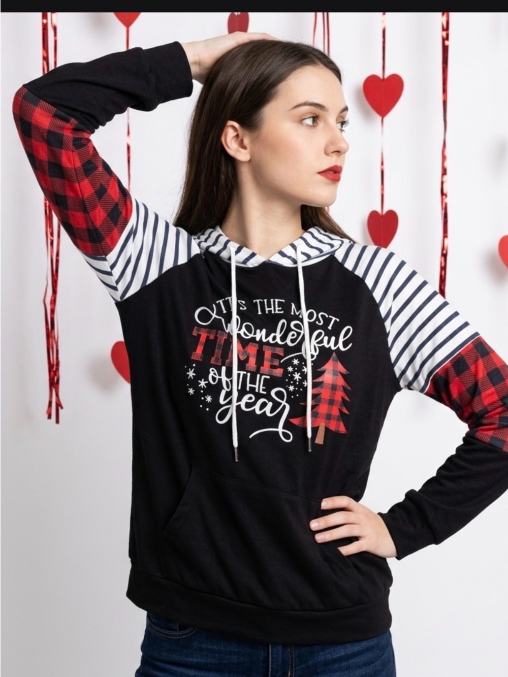 Black Holiday Pullover Hoodie with Red Plaid Sleeves EUC